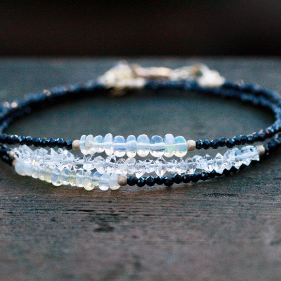 Black Spinel Opal, Herkimer Diamond Wrap Bracelet | Necklace 14k Gold Filled - Picture 6 of 7